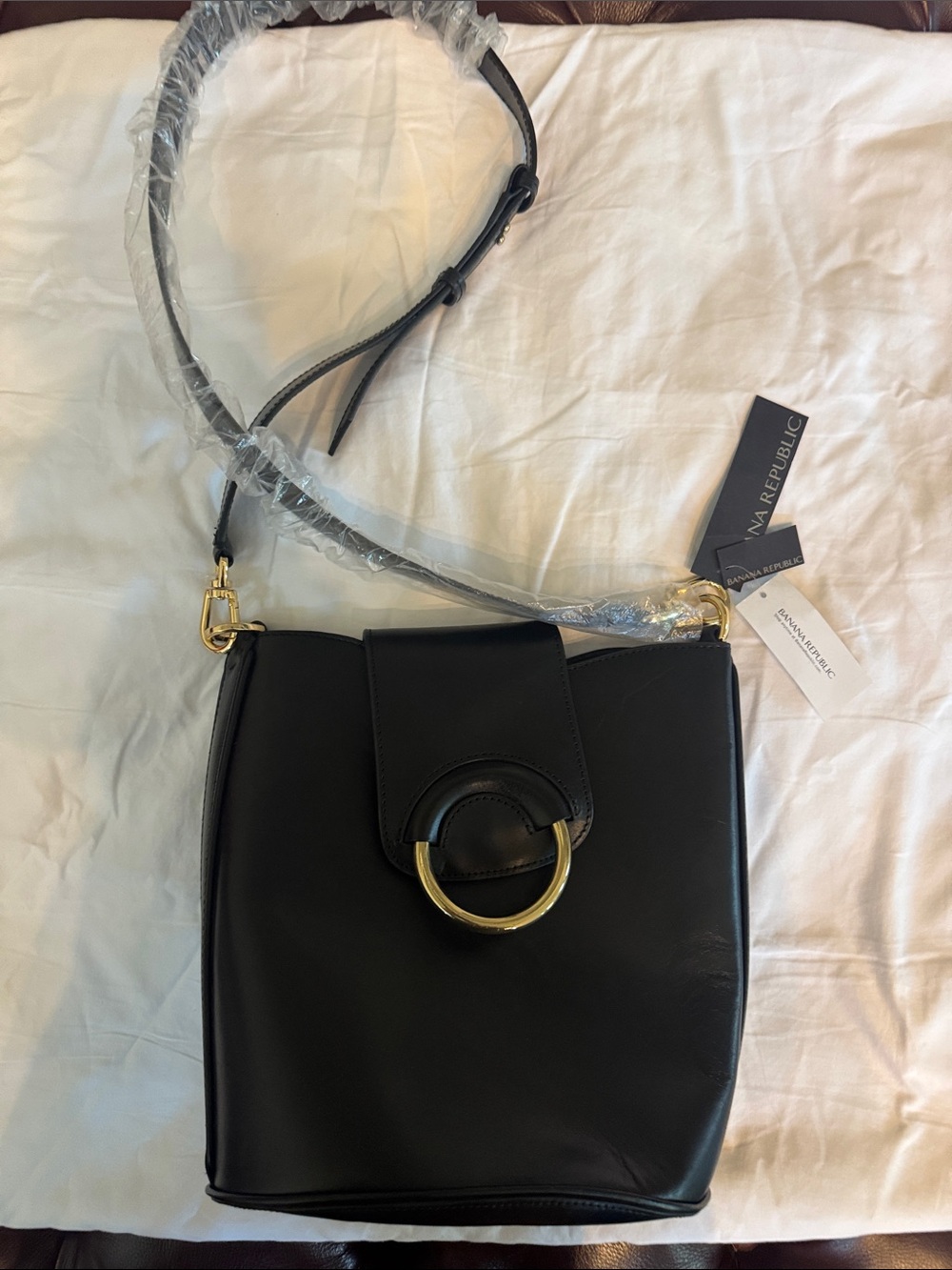Banana Republic Black Leather Crossbody with Gold Ring Accent